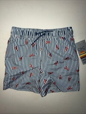 C&C California Navy & White Striped Boy Swim Trunks Red Lobster Print 5-6 7-8